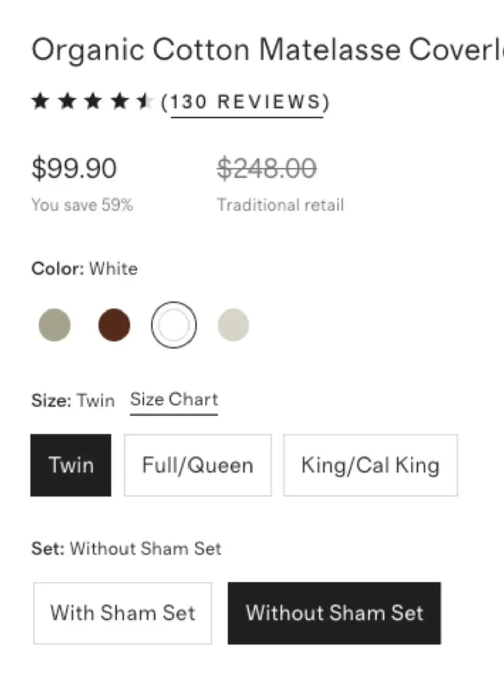 NWOT Quince Organic Cotton Matelasse Coverlet – Twin – White
